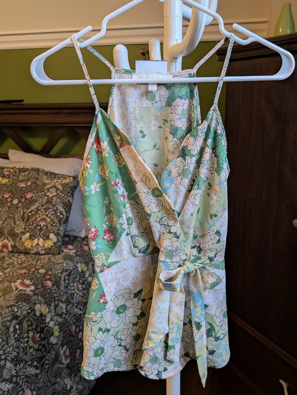 Monteau Green Floral Racerback Top with Tie Waist